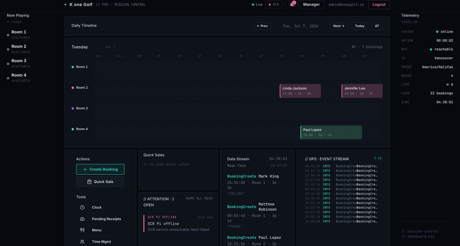 K one Golf — staff Mission Control POS dashboard
